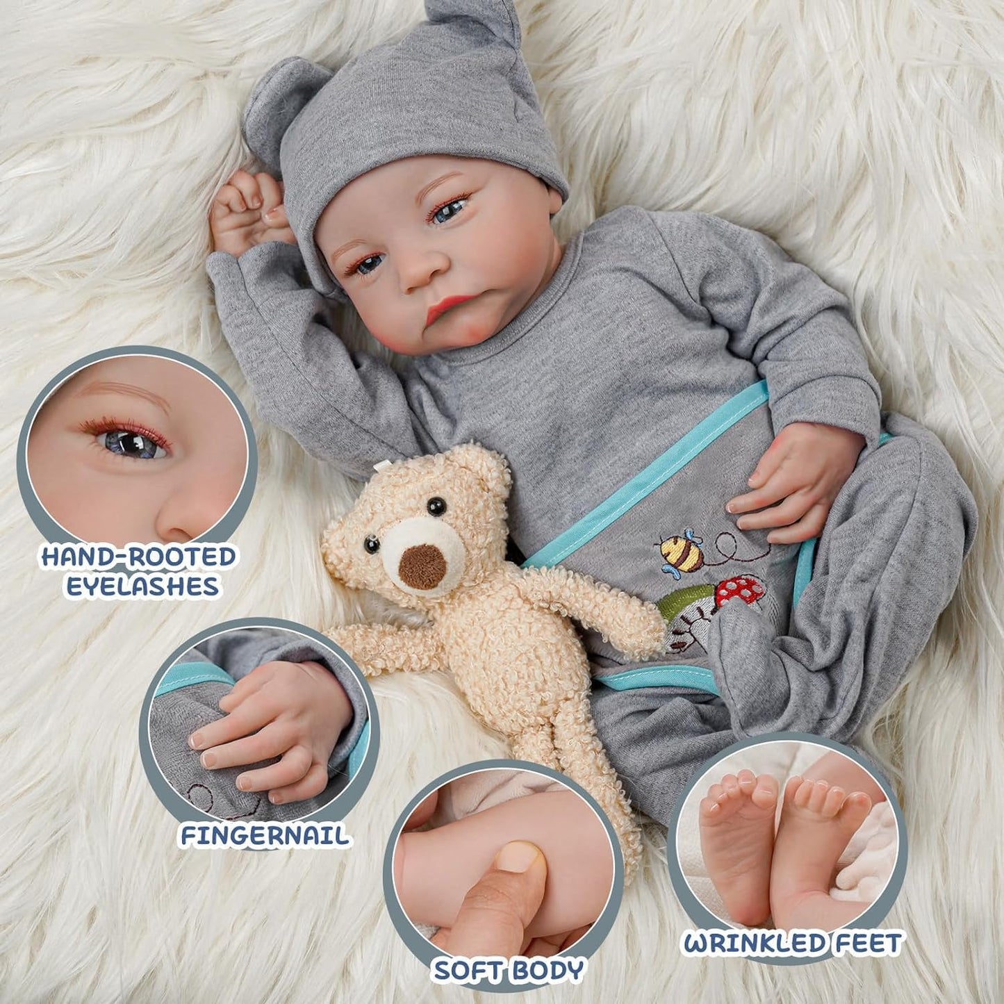 Bebé Nenuco Reborn menino 46cm corpo inteiro em Vinil Silicone, olhos abertos, com acessórios