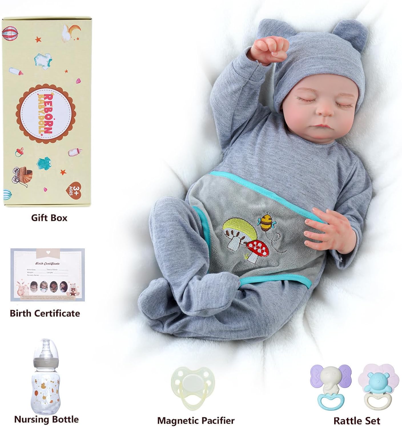 Bebé Nenuco Reborn menino 46cm corpo inteiro em Vinil Silicone, olhos fechados, com acessórios