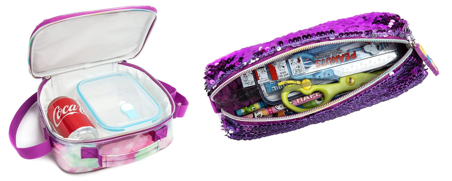 Pack Trolley Escolar Unicórnio Lantejoulas 3 peças: Mochila + Lancheira + Porta Lápis: tamanho grande