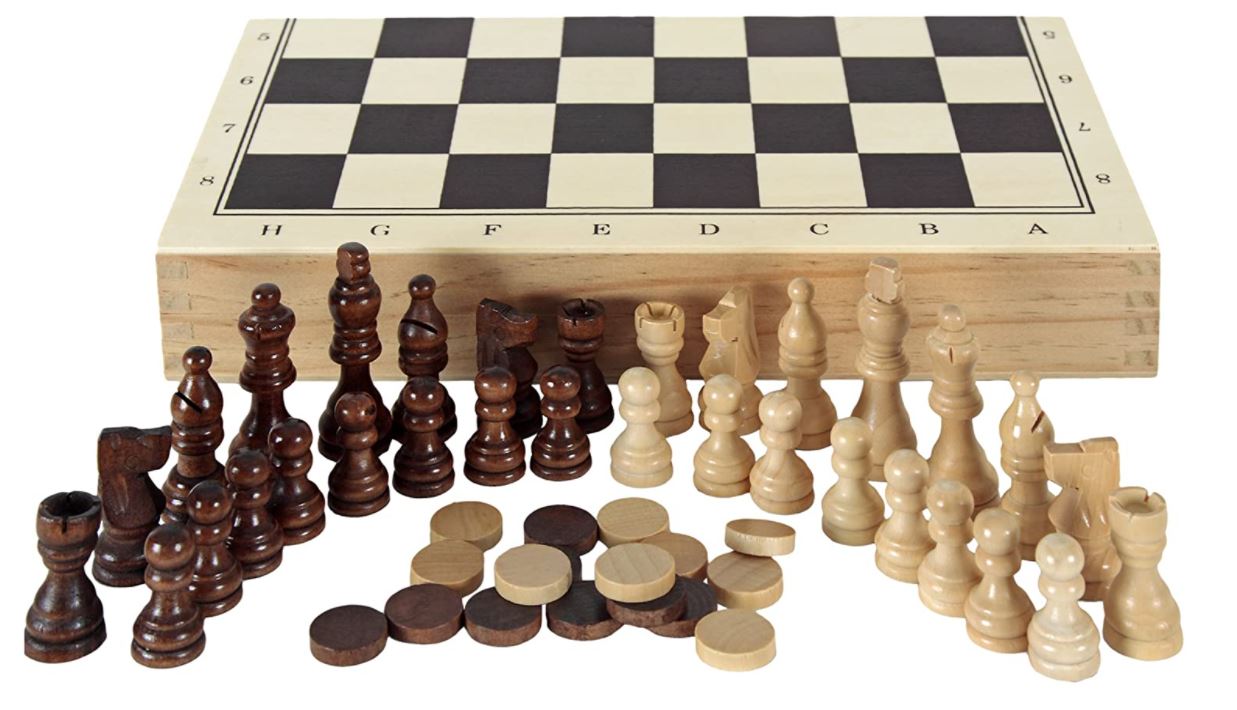 Tabuleiro 3 em 1 xadrez dama e gamão de madeira pequeno - Chess