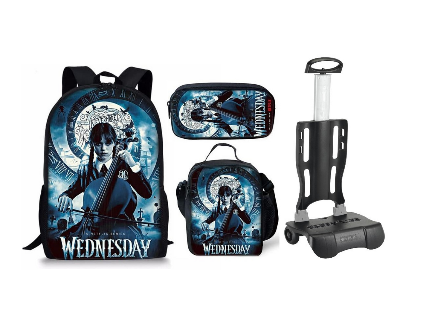 Kit Escolar Wandinha Addams, 3 peças + trolley adaptável