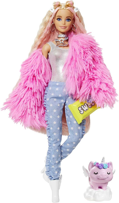 Boneca Barbie Extra, boneca com casaco em pelos, boneca com 15 acessórios, item autentico Mattel