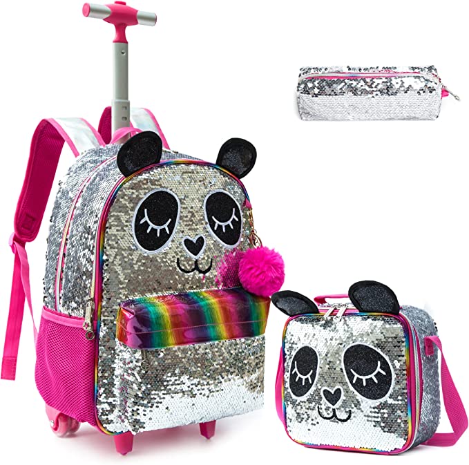 Pack Trolley Escolar Panda Lantejoulas 3 peças, Mochila + Lancheira + Porta Lápis: tamanho grande, com trolley, colorido