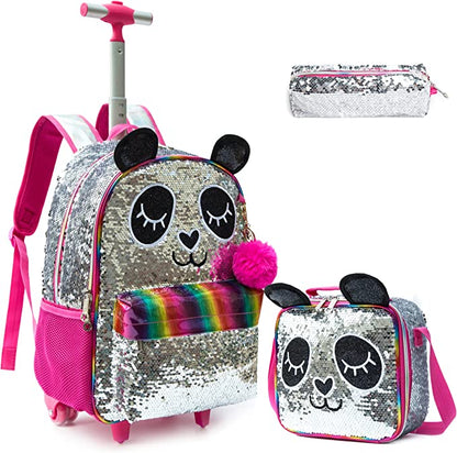 Pack Trolley Escolar Panda Lantejoulas 3 peças, Mochila + Lancheira + Porta Lápis: tamanho grande, com trolley, colorido