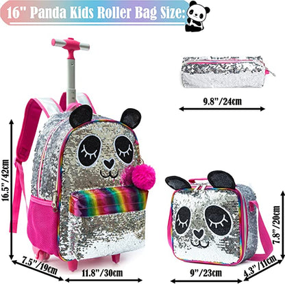 Pack Trolley Escolar Panda Lantejoulas 3 peças, Mochila + Lancheira + Porta Lápis: tamanho grande, com trolley, colorido