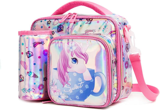 Lancheira Unicornio, grande capacidade, 3 bolsos, porta garrafa, alça lateral, impermeável