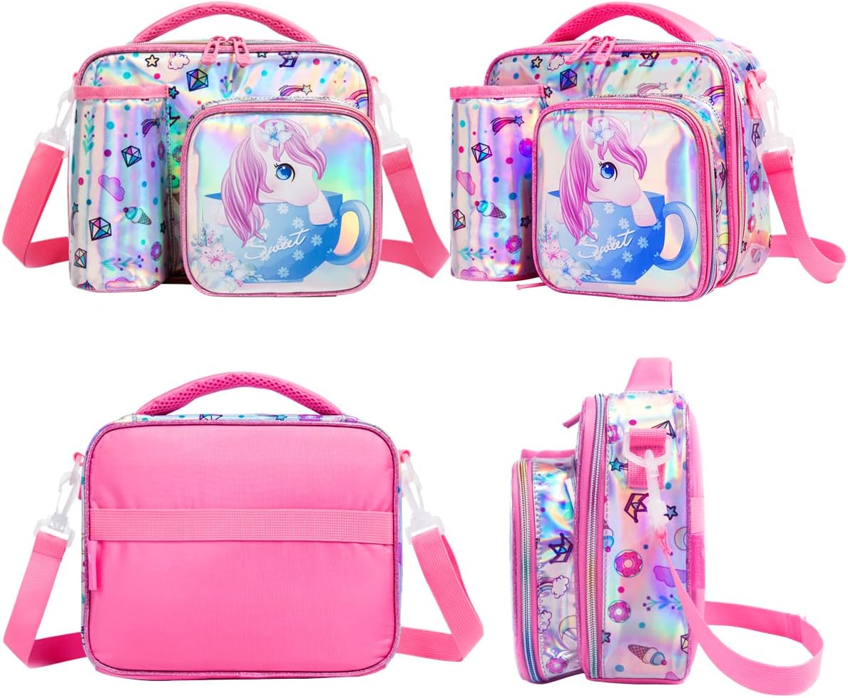 Lancheira Unicornio, grande capacidade, 3 bolsos, porta garrafa, alça lateral, impermeável