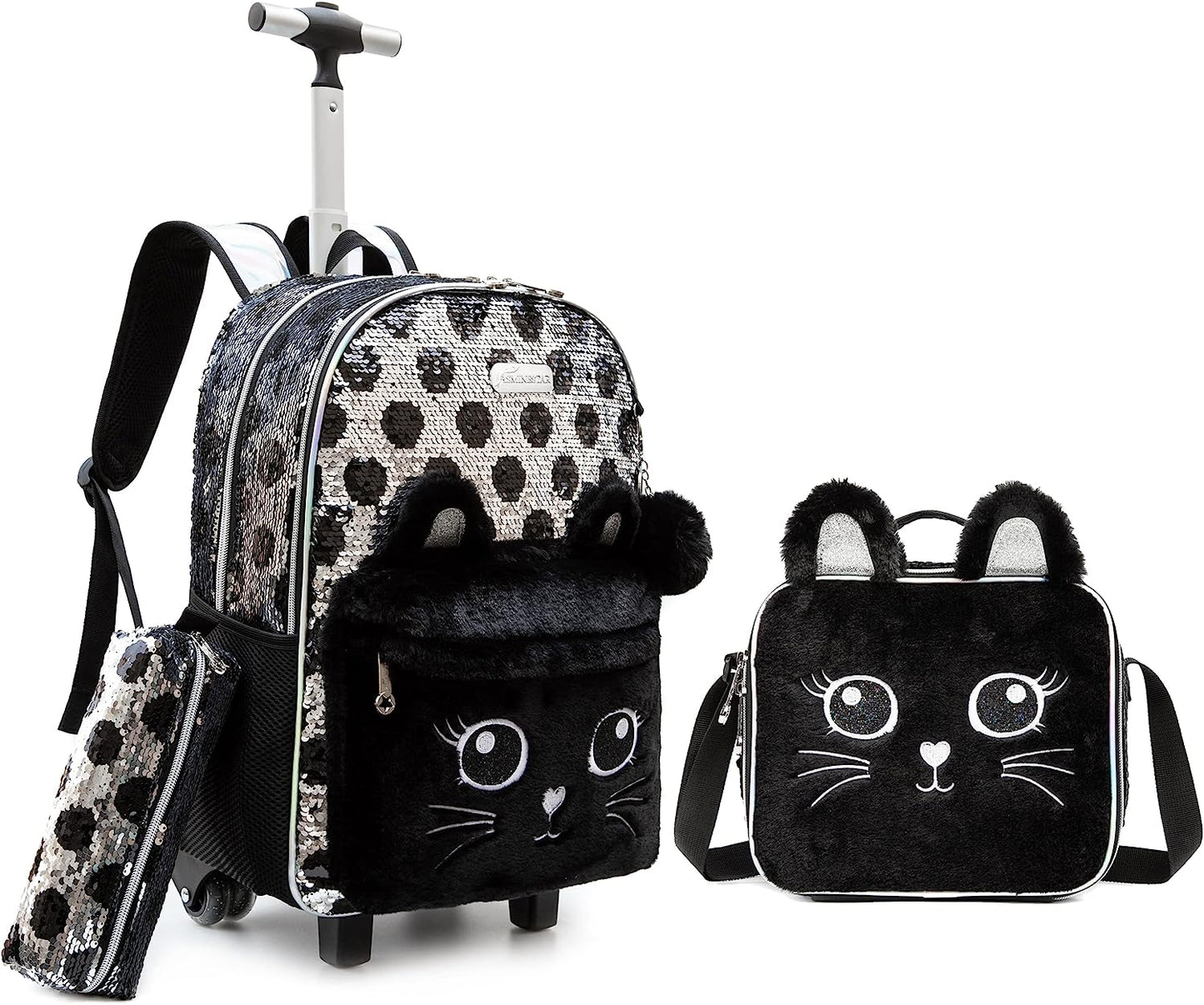 Pack Trolley Escolar Gatinho Brilhante, 3 peças, Mochila Gatinho + Lancheira + Porta Lápis: tamanho grande, com lantejoulas, com trolley