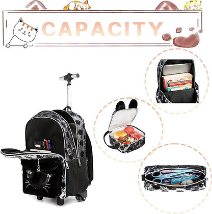 Pack Trolley Escolar Gatinho Brilhante, 3 peças, Mochila Gatinho + Lancheira + Porta Lápis: tamanho grande, com lantejoulas, com trolley