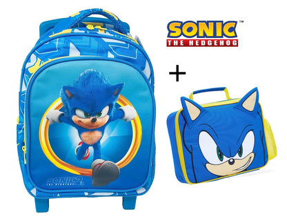 Conjunto Mochila Sonic + lancheira, com trolley, cores vibrantes