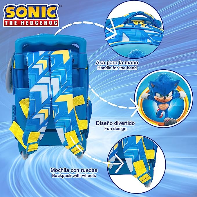 Conjunto Mochila Sonic + lancheira, com trolley, cores vibrantes