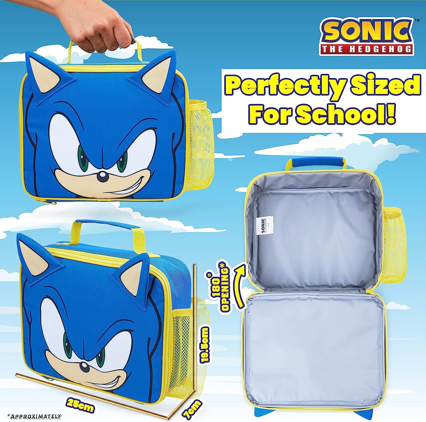 Conjunto Mochila Sonic + lancheira, com trolley, cores vibrantes