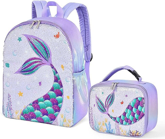 Conjunto Mochila Escolar Sereia 2 peças Mochila + Lancheira Térmica, 3 a 6 anos, lantejoulas reversíveis