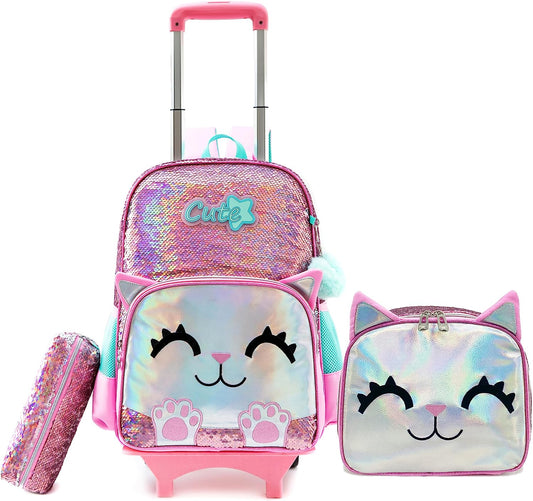 Pack Trolley Escolar Gatinho, Mochila + Lancheira + Porta Lápis: tamanho grande, com lantejoulas, com trolley