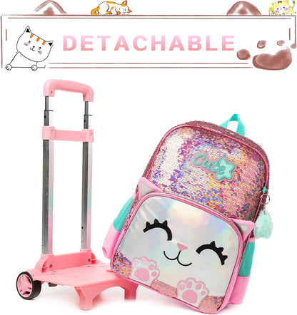 Pack Trolley Escolar Gatinho, Mochila + Lancheira + Porta Lápis: tamanho grande, com lantejoulas, com trolley