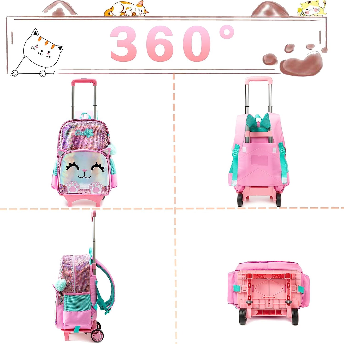 Pack Trolley Escolar Gatinho, Mochila + Lancheira + Porta Lápis: tamanho grande, com lantejoulas, com trolley