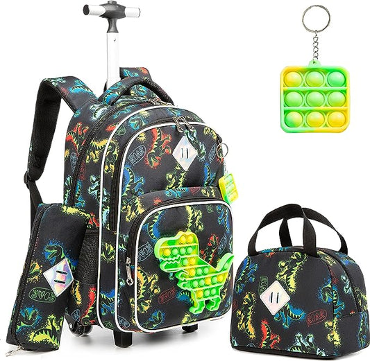 Conjunto Trolley Escolar Dinossauro 4 peças - Mochila + Lancheira + Porta Lápis + Porta Chaves Pop iT : tamanho grande, rodas reforçadas