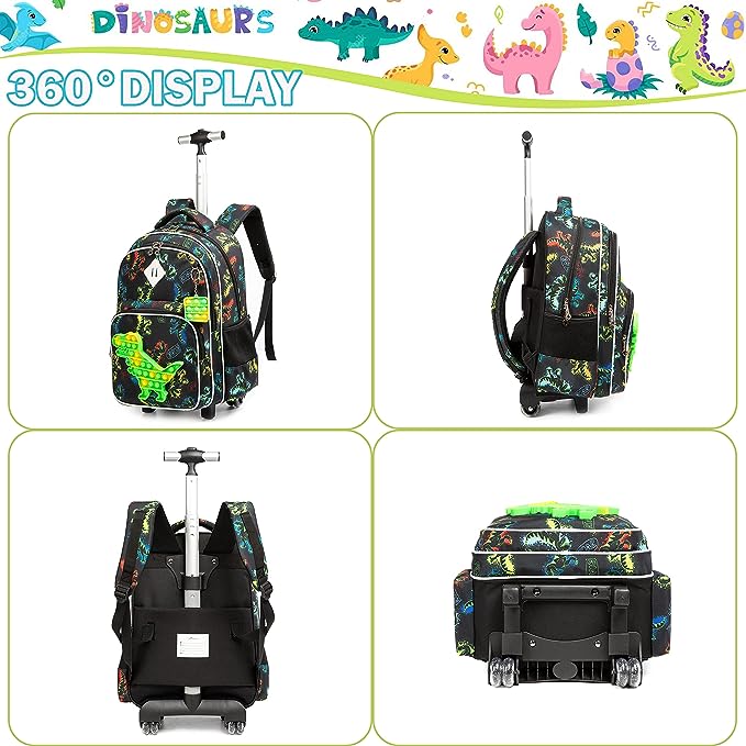 Conjunto Trolley Escolar Dinossauro 4 peças - Mochila + Lancheira + Porta Lápis + Porta Chaves Pop iT : tamanho grande, rodas reforçadas