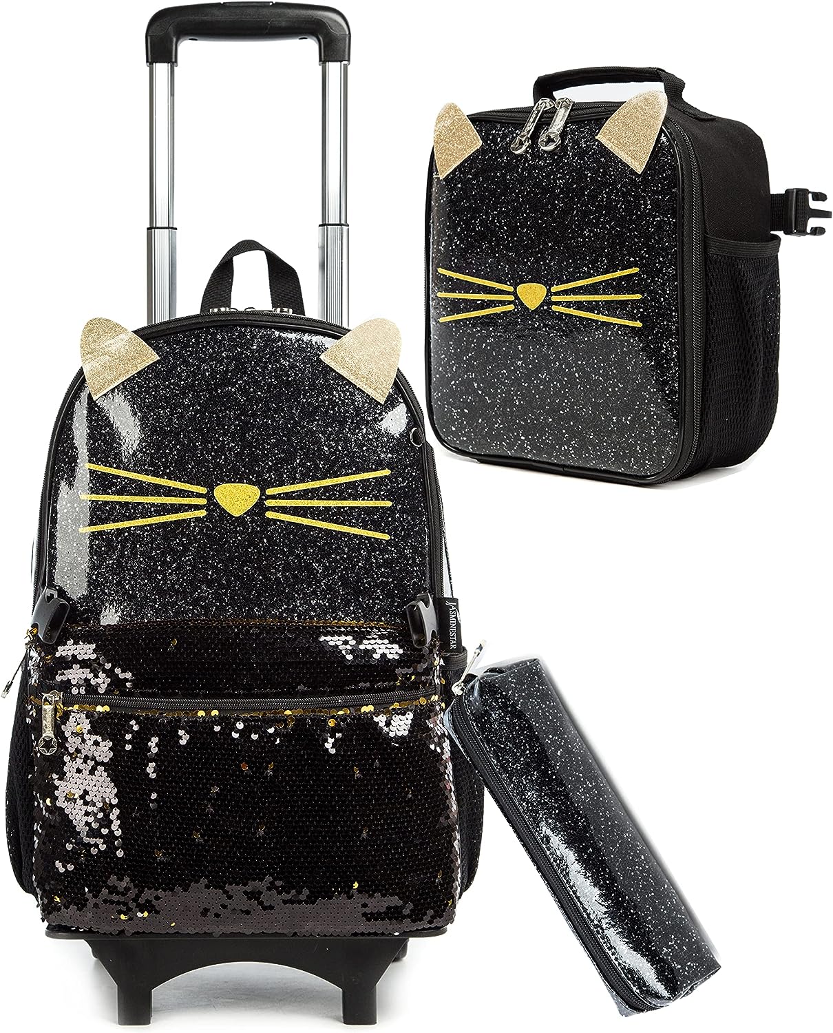 Conjunto Escolar Gatinho Trolley Amovível Brilhante, 3 peças, Mochila Gatinho + Lancheira + Porta Lápis: tamanho grande, com lantejoulas, com trolley