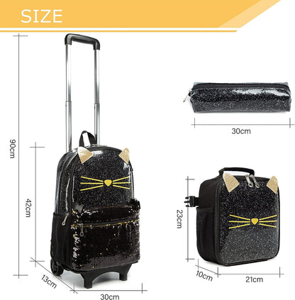 Conjunto Escolar Gatinho Trolley Amovível Brilhante, 3 peças, Mochila Gatinho + Lancheira + Porta Lápis: tamanho grande, com lantejoulas, com trolley