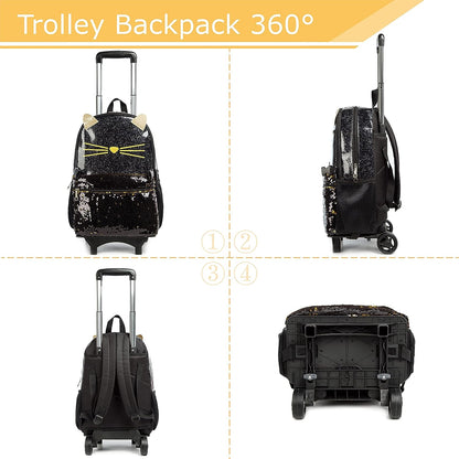 Conjunto Escolar Gatinho Trolley Amovível Brilhante, 3 peças, Mochila Gatinho + Lancheira + Porta Lápis: tamanho grande, com lantejoulas, com trolley