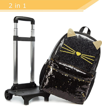 Conjunto Escolar Gatinho Trolley Amovível Brilhante, 3 peças, Mochila Gatinho + Lancheira + Porta Lápis: tamanho grande, com lantejoulas, com trolley