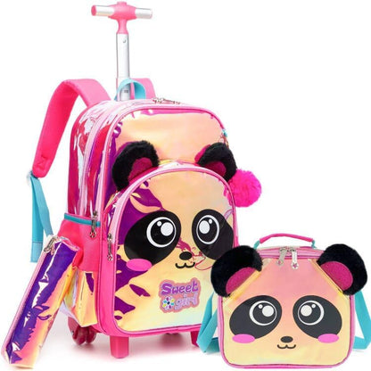 Conjunto Trolley Escolar Panda colorido 3 peças, Kit Escolar Panda Mochila + Lancheira + Porta Lápis: tamanho grande, com troley