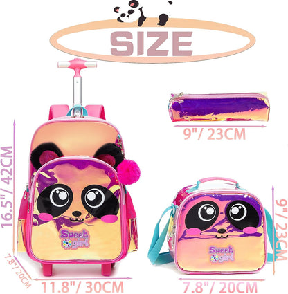 Conjunto Trolley Escolar Panda colorido 3 peças, Kit Escolar Panda Mochila + Lancheira + Porta Lápis: tamanho grande, com troley