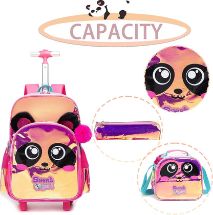 Conjunto Trolley Escolar Panda colorido 3 peças, Kit Escolar Panda Mochila + Lancheira + Porta Lápis: tamanho grande, com troley