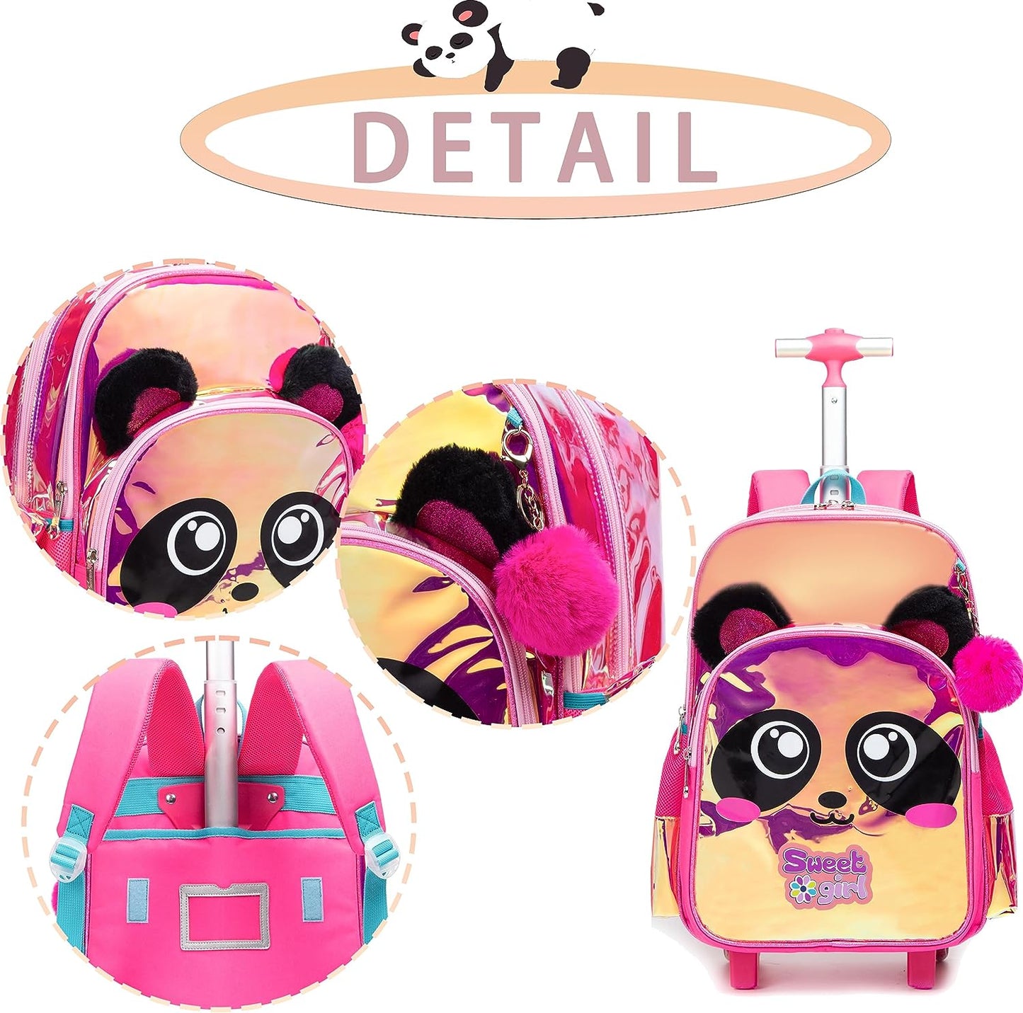 Conjunto Trolley Escolar Panda colorido 3 peças, Kit Escolar Panda Mochila + Lancheira + Porta Lápis: tamanho grande, com troley