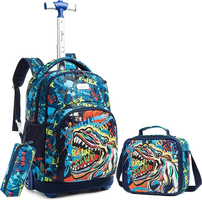 Conjunto Trolley Escolar Dinossauro 3 peças: Mochila + Lancheira + Porta Lápis: tamanho grande, rodas reforçadas