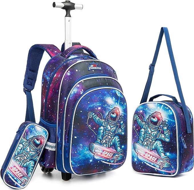 Conjunto Trolley Escolar Astronauta 3 peças: Mochila + Lancheira + Porta Lápis: tamanho grande, rodas reforçadas