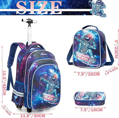 Conjunto Trolley Escolar Astronauta 3 peças: Mochila + Lancheira + Porta Lápis: tamanho grande, rodas reforçadas