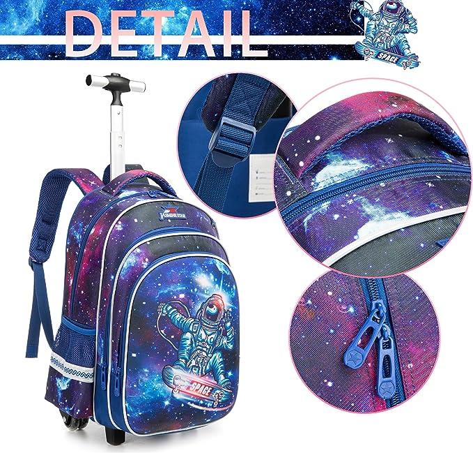 Conjunto Trolley Escolar Astronauta 3 peças: Mochila + Lancheira + Porta Lápis: tamanho grande, rodas reforçadas