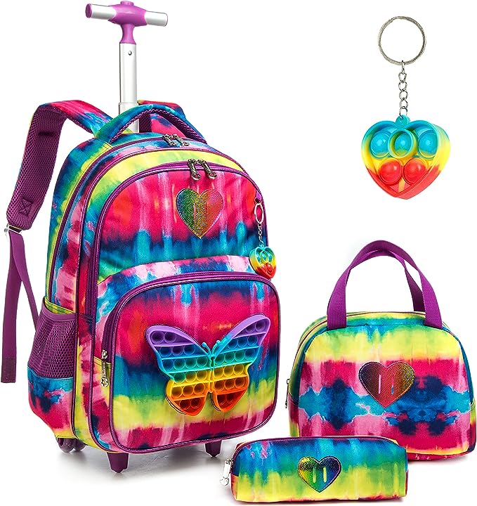 Conjunto Trolley Escolar Borboleta 4peças: Mochila + Lancheira + Porta Lápis + Pop It - tamanho grande