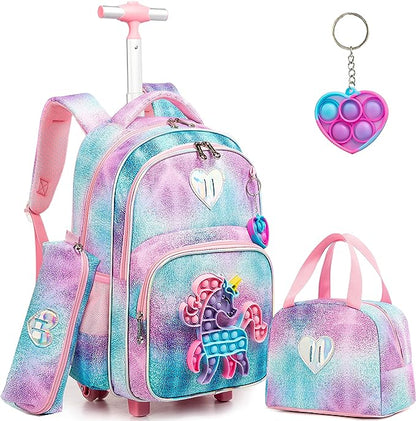 Conjunto Trolley Escolar Unicornio 4 peças: Mochila + Lancheira + Porta Lápis + Pop It - tamanho grande