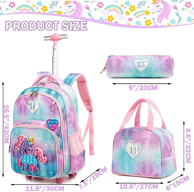 Conjunto Trolley Escolar Unicornio 4 peças: Mochila + Lancheira + Porta Lápis + Pop It - tamanho grande