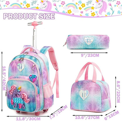 Conjunto Trolley Escolar Unicornio 4 peças: Mochila + Lancheira + Porta Lápis + Pop It - tamanho grande