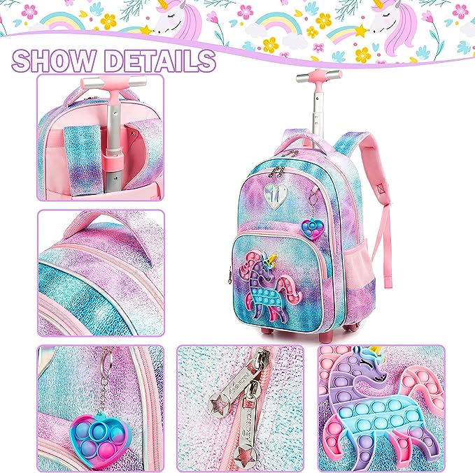 Conjunto Trolley Escolar Unicornio 4 peças: Mochila + Lancheira + Porta Lápis + Pop It - tamanho grande