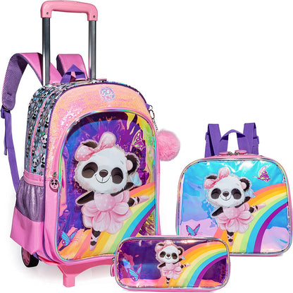 Pack Trolley Escolar Panda, 3 peças, Panda Bebe Bailarina Mochila + Lancheira + Porta Lápis: tamanho grande com trolley removível