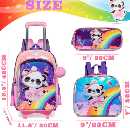 Pack Trolley Escolar Panda, 3 peças, Panda Bebe Bailarina Mochila + Lancheira + Porta Lápis: tamanho grande com trolley removível