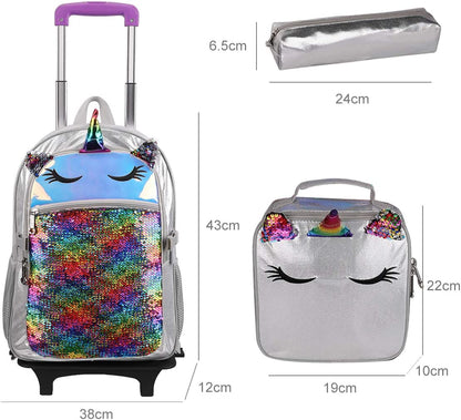 Pack Trolley Escolar unicórnio, 3 peças: Mochila Ergonómica + Lancheira + Porta Lápis, Tamanho Grande, com rodas