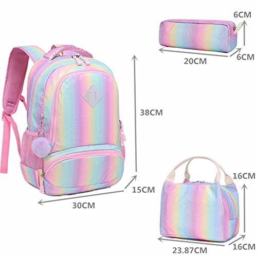 Conjunto Escolar Arco-íris  4 peças - Mochila + Lancheira + Porta Lápis + Porta Chaves PomPom : tamanho grande, sem trolley