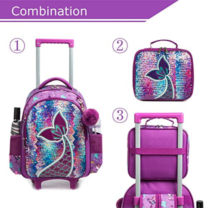 Conjunto Trolley Escolar Sereia Roxo, Mochila Grande + Lancheira + Porta lápis , para crianças de 6 a 12 anos