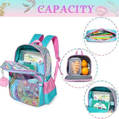 Conjunto Escolar Sereia com Lantejoulas, 3 peças, com lancheira e porta lápis, grande capacidade, mochila 42cm