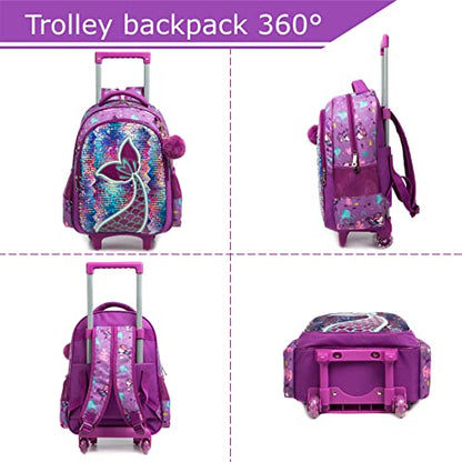 Conjunto Trolley Escolar Sereia Roxo, Mochila Grande + Lancheira + Porta lápis , para crianças de 6 a 12 anos