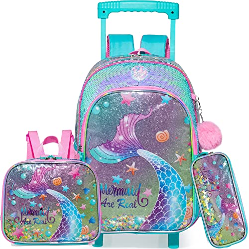 Conjunto Trolley Escolar Sereia Colorido, Mochila Grande + Lancheira + Porta lápis , para meninas 6 a 12 anos