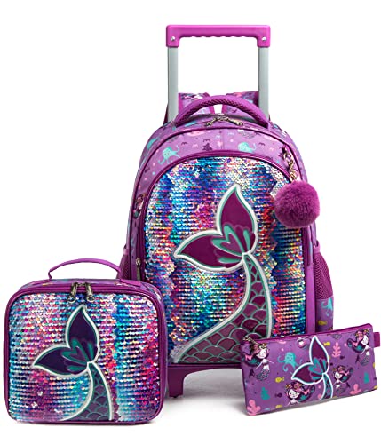 Conjunto Trolley Escolar Sereia Roxo, Mochila Grande + Lancheira + Porta lápis , para crianças de 6 a 12 anos