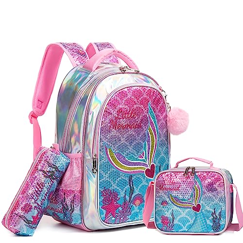 Conjunto Mochila Sereia + Lancheira + Porta Lápis: tamanho grande, sem trolley,