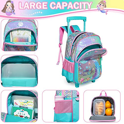 Conjunto Trolley Escolar Sereia Colorido, Mochila Grande + Lancheira + Porta lápis , para meninas 6 a 12 anos